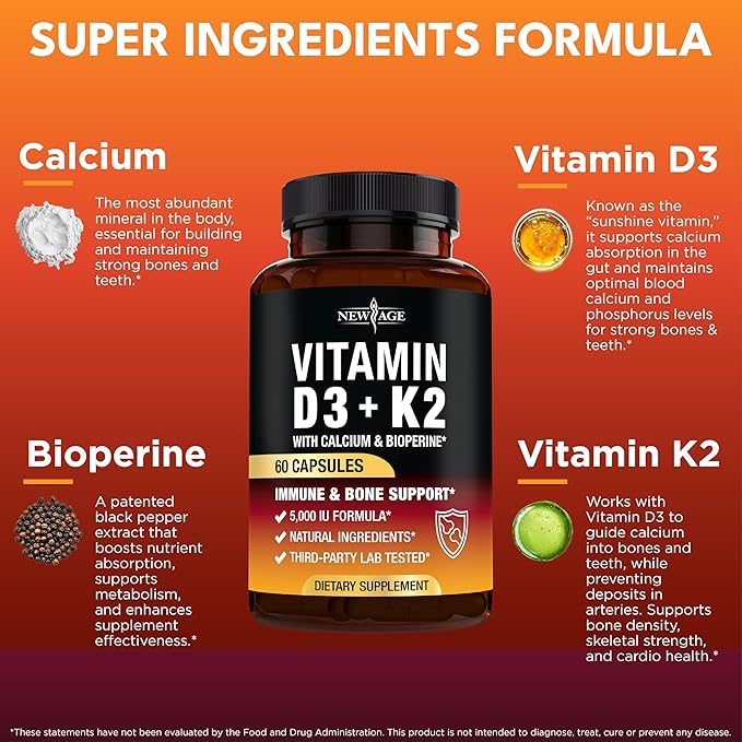 NEW AGE Vitamin D3 5000 IU + K2 MK-7 100 mcg - 2-in-1 Bone Immune &amp Heart Support Easy to Swallow Non-GMO - 120 Capsules