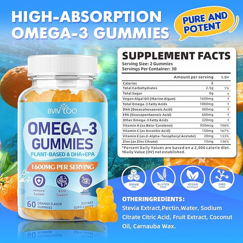 2 Pack Vegan Omega-3 Gummies - 1600mg with 600mg EPA &amp 400mg DHA. High Absorption Formula. Delicious Orange Flavor - 120 Gummies