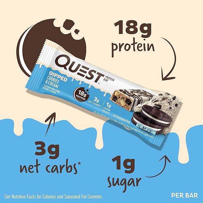 Quest Nutrition Dipped Chocolate Cookies &amp Cream Protein Bars High Protein Low Carb Gluten Free Keto Friendly 12 Count
