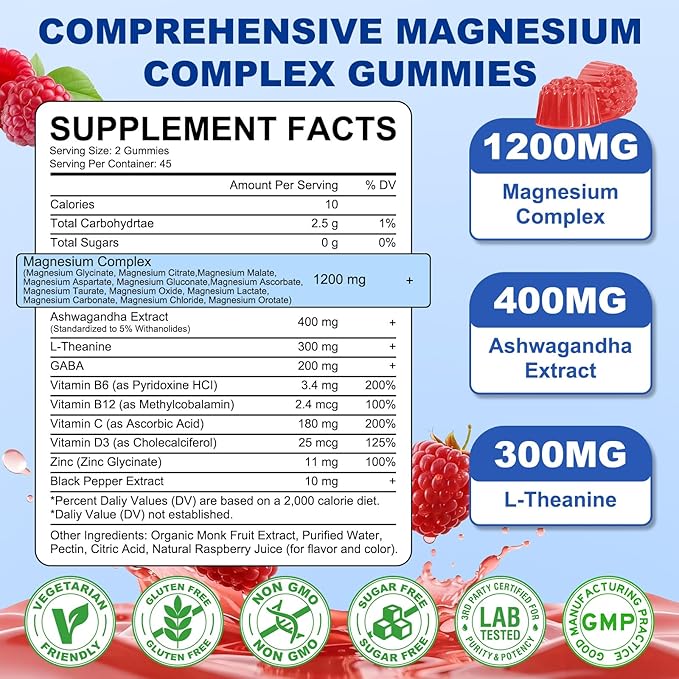 180 Count | Magnesium Complex Gummies for Women &amp Men 12 Forms of Magnesium (Glycinate Citrate&amp More) Magnesium Supplement with Ashwagandha – Supports Sl♡ep Bone Energy Raspberry Flavor