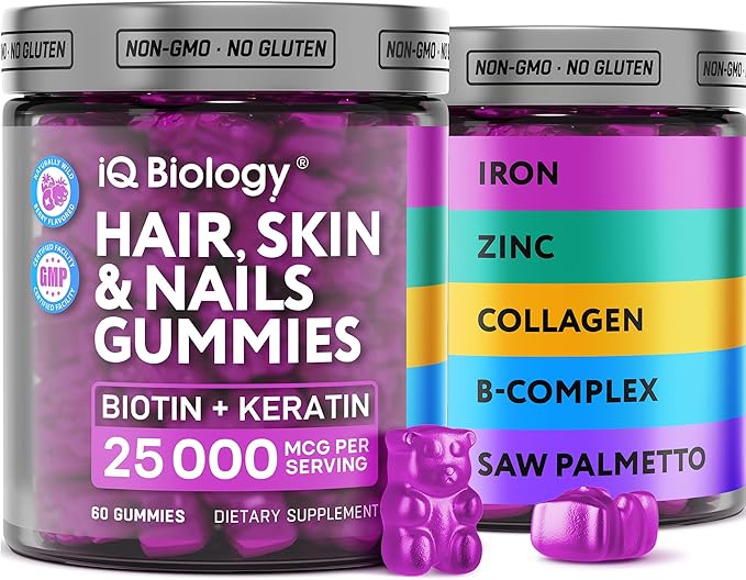 Biotin Gummies for Hair Skin and Nails - Hair Growth Vitamins for Women &amp Men - Hair Loss Gummy Supplement with Extra Strength Biotin (Vitamin B7) Collagen Keratin &amp DHT Blocker - 60 Chewab