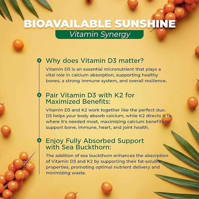 MoxyVites Vitamin D3 K2 5000 IU – High Absorption D3 + K2 MK-7 with Sea Buckthorn Oil &amp Omega-7 – Bone Heart &amp Immune Support for Women &amp Men – 60 Vegan Capsules