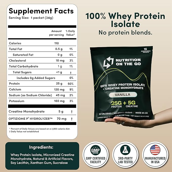 Nutrition On The Go Whey Protein Isolate Packets with Creatine – 25g Protein + 5g Creatine – Single-Serve Travel Protein Powder – Vanilla (6-Pack)