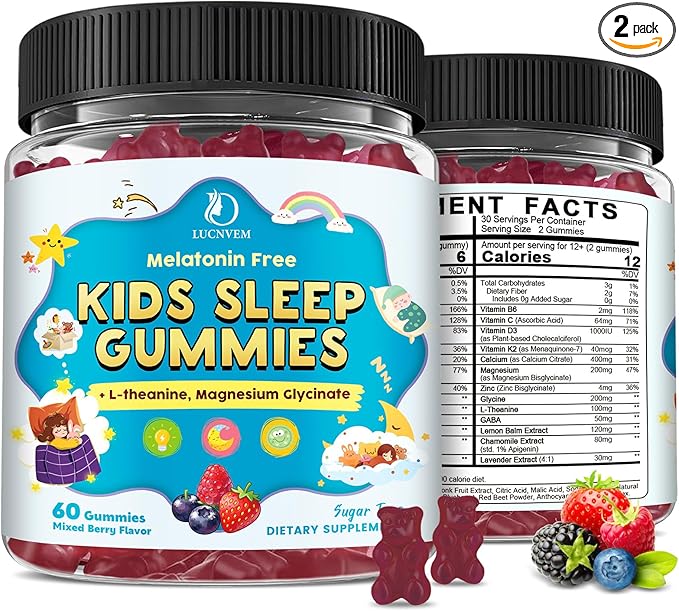 Kids Sleep Gummies with Magnesium Glycinate – Melatonin Free Bedtime Support for Kids – Calm &amp Relaxation with L-Theanine GABA Chamomile &amp Lemon Balm – Sugar Free Mixed Berry Flavor 120 Gum