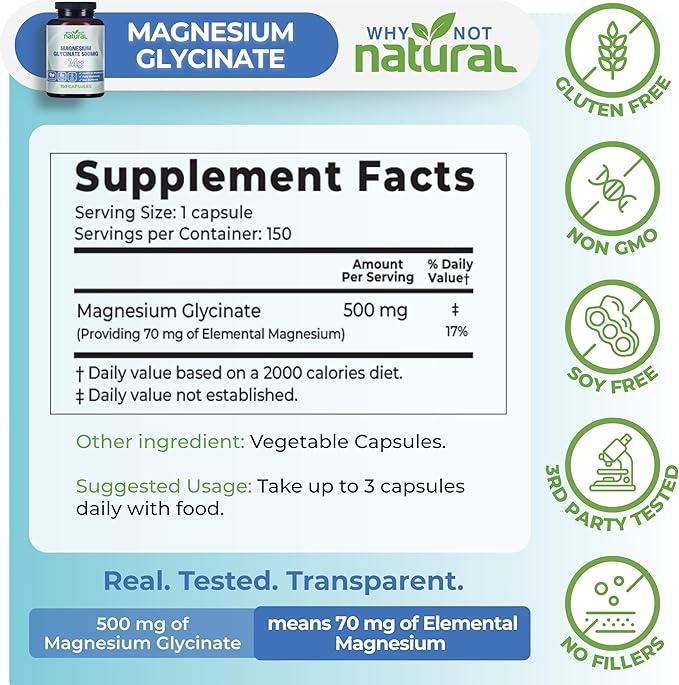 Why Not Natural Magnesium Glycinate 500 mg Capsules Supplement - Vegan No Filler - Supports Sleep and Relaxation