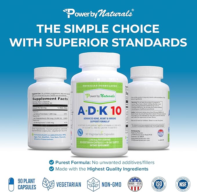 Power By Naturals ADK Vitamin Supplement – ADK 10 High Potency with Vitamins A D3 10000 IU &amp K2 MK7 for Superior Heart Immune &amp Bone Health Support – 90 Capsules 1 Pack (3-Month Supply)