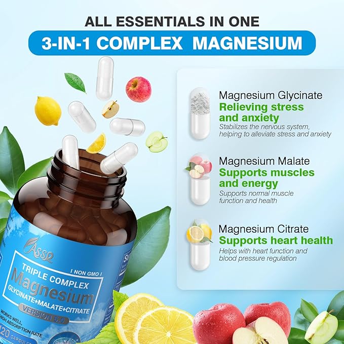 ASSR Triple Magnesium Complex – 300mg Magnesium Supplement with Glycinate Malate &amp Citrate – Supports Relaxation Muscle &amp Nerve Function – High Absorption Vegan Non-GMO 120 Capsules