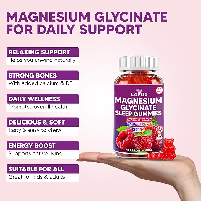Lofux Magnesium Glycinate Gummies 400mg Sugar Free Magnesium Gummies for Adults Women Men Chewable Supplement Gummy with L-Threonate Vitamin D B6 CoQ10 - for Calm Sleep Body Relaxation 120 Ct