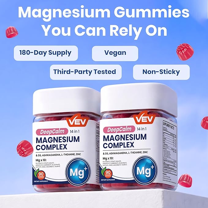 VEV Deep Calm Magnesium Complex 14-in-1 Gummies–90 Count (Pack of 2) – with D3 Ashwagandha L-theanine Zinc – Magnesium Complex for Women and Men – No Added Sugar Vegan Magnesium Glycinate Gummies