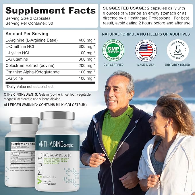 Amino Acid Supplement Capsules with L-Arginine L-Ornithine HCl L-Glutamine L-Lysine Glycine Ornithine Alpha-Ketoglutarate Dietary Amino Formula for Women Men 60 Capsules