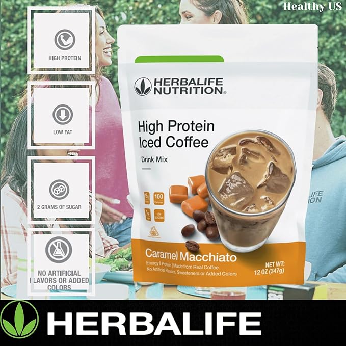 HERBALIFE NUTRITION High Protein Iced Coffee Drink Mix: (Caramel Macchiato 12 oz 347g) Energy and Protein Made From Real Coffee Low fat c