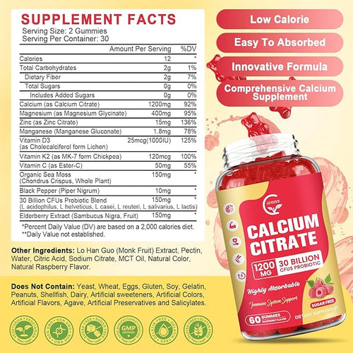 (2 Pack) Sugar Free Calcium Citrate Gummies 1200 mg with Vitamin d3 K2 Magnesium Zinc for Bone Muscle &amp Immune Support High Absorption Calcium Supplement for Women Raspberry Flavor 60 Chews