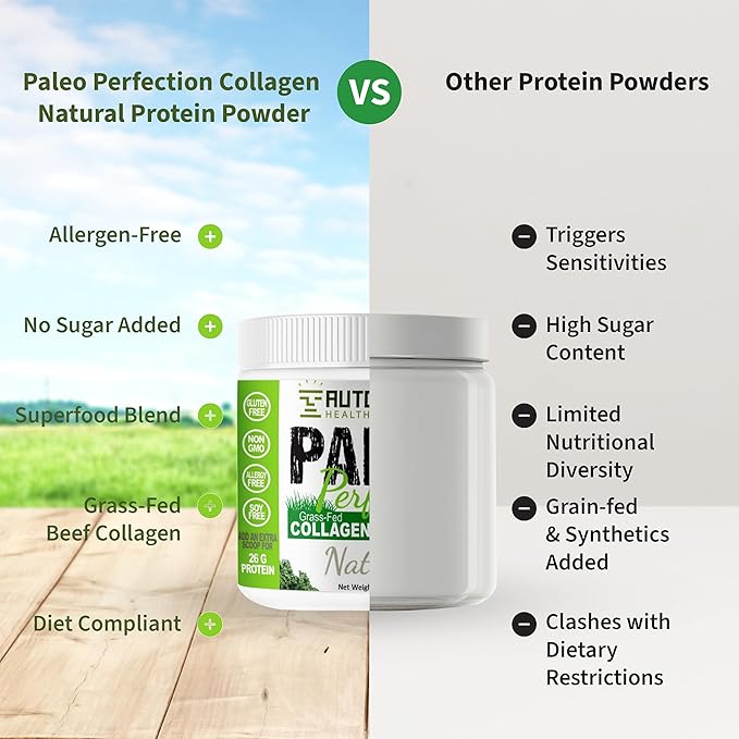 Paleo Perfection Double Chocolate Grass Fed Beef Collagen Protein Powder without Stevia - Paleo Keto SCD AIP Protein Powder w/ Apple Fiber Carrot Broccoli - 1lb Protein Powder &amp Superfood Ble