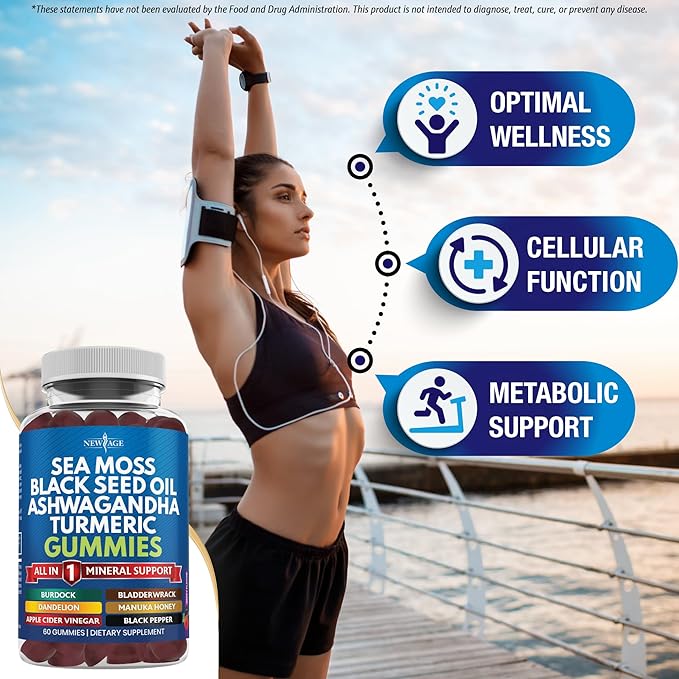 Sea Moss Gummies Sea Moss Black Seed Ashwagandha Turmeric Manuka Honey ACV Dandelion Black Pepper Burdock Bladderwrack Vegan - 60 Count