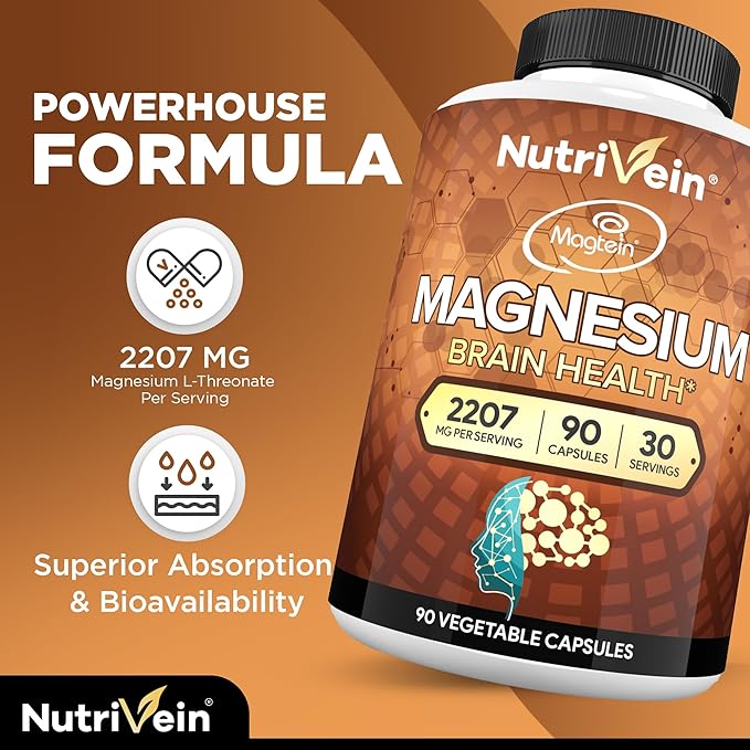 Nutrivein Premium Magtein Magnesium L-Threonate Supplement 2207 mg - 90 Caps (3 a Day): High-Absorption Magnesium Threonate for Brain Sleep Mood &amp Recovery