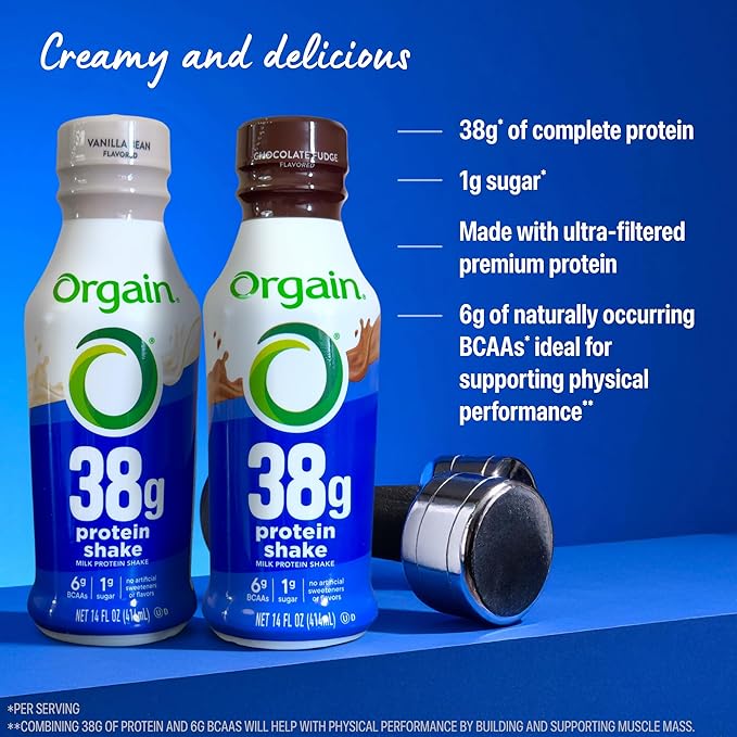 Orgain 38g High Protein Shake Dairy Isolate Protein Milk Chocolate Fudge 6g BCAAs 1g Sugar Per Serving Meal Replacement Ready to Drink Keto Friendly Gluten-Free 14 Fl Oz (Pack of 24)