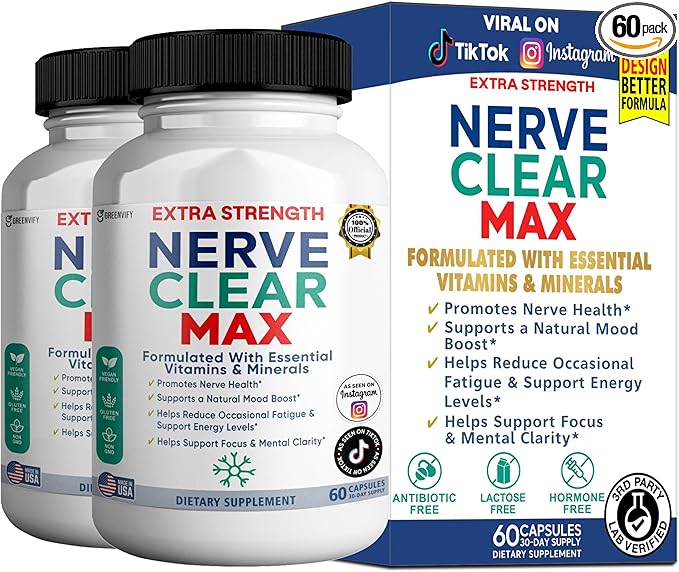Nerve Clear Max Extra Strength Essential Vitamins &amp Minerals Nerve Health Support 60 Capsules 30-Day Supply (2)