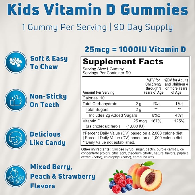 Kids Vitamin D Gummies (90 Day Supply) Vitamin D3 for Kids (1000IU) to Support Strucutre Muscle Functions &amp Immune System. Delicious &amp Vegetarian Gummy Vitamin D