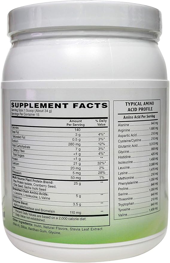 Plant Protein (Premium Blend) - No Soy Hypoallergenic No Grit (Featuring Omega 3 Rich Sacha Inchi and Chia) - 1.1 lb (510G) - Chocolate