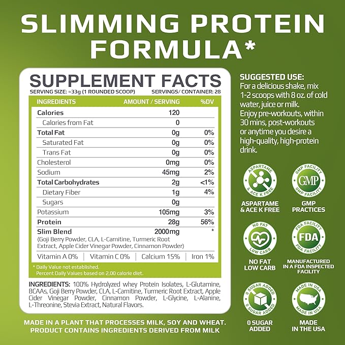 MFL Slim WHEY Protein Powder | 28g Protein | Low Carbs | Slimming Nutritional Shake | Sweetened with Stevia | 2 lbs. (Vanilla)