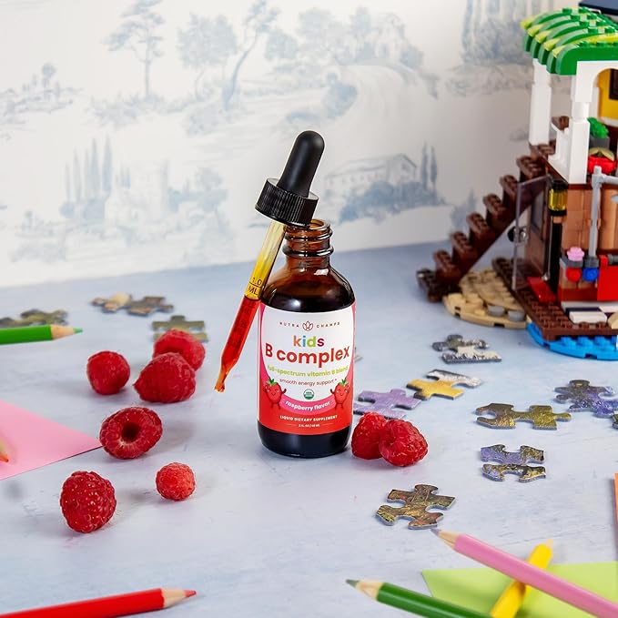 NutraChamps Vitamin B Complex for Kids B1 B2 B3 B6 B7 B9 &amp Methyl B12 Kids B Complex Liquid Drops Supplement Energy Focus Metabolism Natural Berry 120 Servings 4 Month Supply