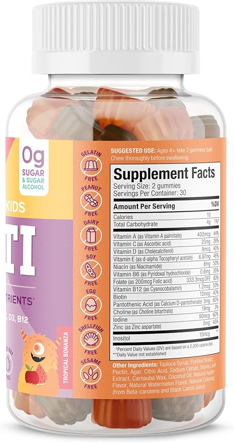 SUKU The Complete Kids Multivitamin Gummies – Vitamins A C D E B6 B12 Folate &amp Zinc – Immune Support Sugar-Free Gluten-Free Non-GMO Tropical Bonanza Flavor – 60 Count