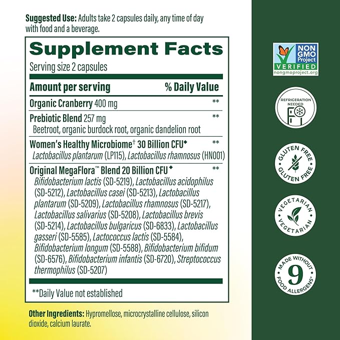 MegaFood MegaFlora Probiotics and Prebiotics for Women with 14 Strains &amp 50 Billion CFUs Cranberry Digestive Health Vegetarian Prebiotics and Probiotics for Women - 90 Capsules (45 Servings)
