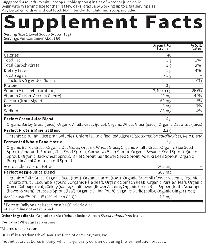 Garden of Life Perfect Food Super Green Formula - 60 Servings 45 Superfoods Greens Fruit &amp Veggie Juice Superfood Powder Supplement Probiotics &amp Organic Spirulina for Digestion &amp Immun
