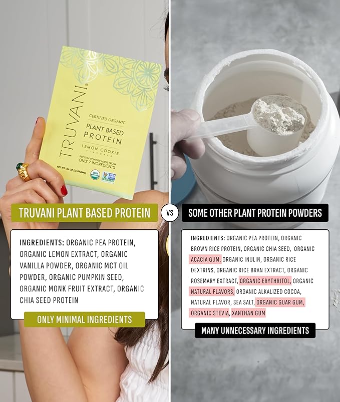 Truvani Vegan Pea Protein Powder | Lemon Cookie | 20g Organic Plant Based Protein | Single Serving Travel Packets | 10 Servings | Keto | Gluten &amp Dairy Free | Low Carb | No Added Sugar