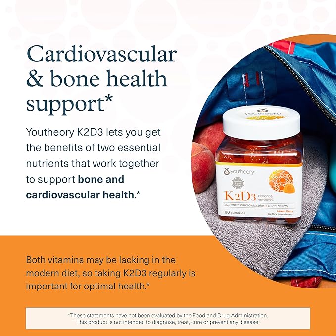 Youtheory K2D3 - Bone &amp Heart Health Support* - Combines Vitamin D3 &amp Vitamin K2 - Dairy Soy &amp Gluten Free - Peach 60 Vegetarian Gummies (Pack of 2)