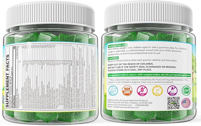 Kids Super Greens Gummies w/Multivitamins 20+ Veggie Fruit Prebiotics Calcium Omega-3 (DHA/EPA) Kids Vitamins Greens Superfood Gummies for Picky Eaters Growth Energy Immune Digestion 2 Pack