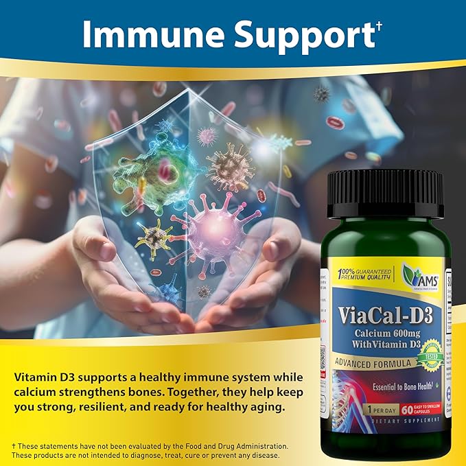 America Medic &amp Science ViaCal-D3 – Calcium 600mg with Vitamin D3 – Supports Bone Strength Muscle Function &amp Mobility – Helps Maintain Healthy Calcium Levels for Overall Wellness – 60 Capsule