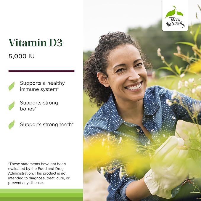Terry Naturally Vitamin D3 - Bone Health &amp Bone Strength Support Supplement - Immune System &amp Brain Support - 5000 IU Vitamin D Tablets with Mixed Berry Flavor - 90 Chewable Tablets (Pack of