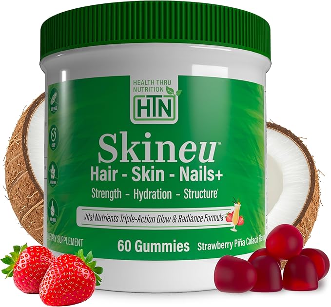Health Thru Nutrition Skineu Hair Skin &amp Nails+ Gummies | Biotin 5000mcg Hyaluronic Acid Retinyl Palmitate | Beauty Support - Strength &amp Hydration | Strawberry Piña Colada Flavor | 60 Gummi