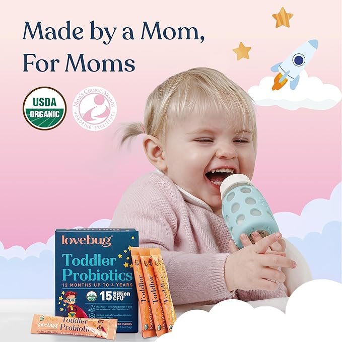 Lovebug Kids Probiotic Powder with Prebiotic Fiber - Toddler Immunity Support &amp Constipation Relief - USDA Organic Probiotics for Childrens Gut &amp Digestive Health (Ages 1-4) - 30 Pack (Unflavo