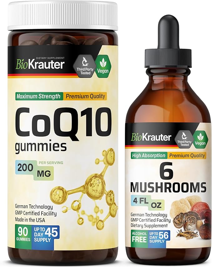 BIO KRAUTER CoQ10 90 Gummies &amp 6 Mushrooms Tincture 4 Fl. Oz.