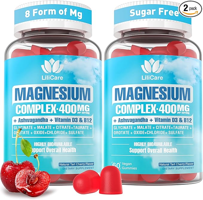 Magnesium Complex Gummies for Women Men 400mg 8 Forms of Magnesium Glycinate Citrate Malate - Sugar Free Calm Magnesium Gummies Supplement with Magnesium Ashwagandha D3 B12 for RelaxVegan120Cts