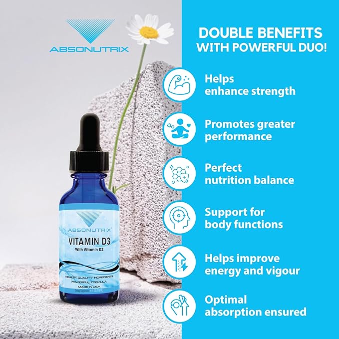 Absonutrix Vitamin D3 K2 Drops 390mg 4 Oz Liquid 302 Servings Made in USA Quick Absorption Quality Potent Ingredients Non-GMO GMP Certified Cruelty-Free Products Bone Strength Supplements