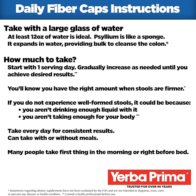 Yerba Prima Daily Fiber Caps Formula 400 Capsules - Both Soluble and Insoluble - with Psyllium Seed Husks Acacia Gum Apple Fiber and More - Dietary Supplement