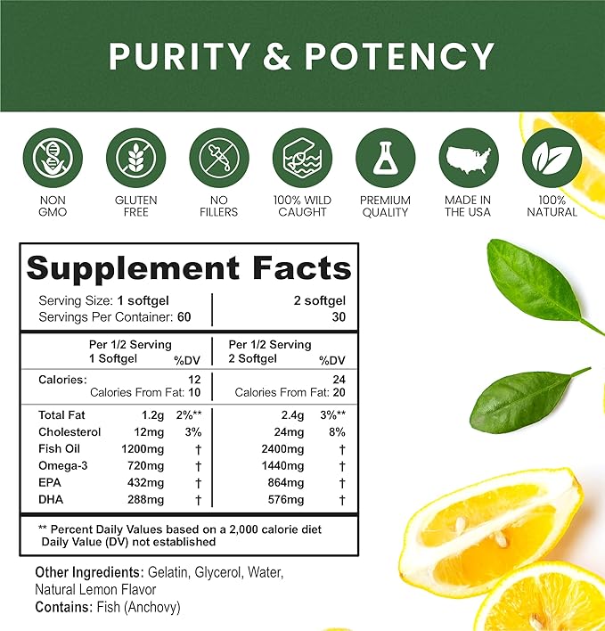 Omega 3 Fish Oil Supplements Maximum Strength 2400 mg Omega-3 1440mg Fish Oil EPA DHA Fatty Acids Heart Health Vision Eye Brain Immune Support for Women &amp Men. Natural Lemon Flavor 60 ct