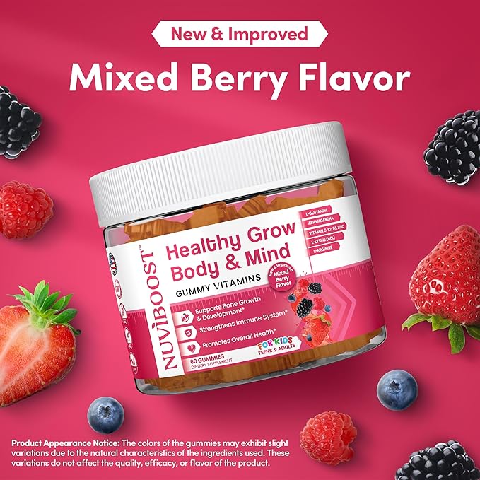 Healthy Grow Height Growth Gummies Rich in Calcium Vitamins C D3 K2 L-Arginine Ashwagandha and Others Boost Bone Health &amp Immunity Multivitamin for Kids 5+ Teens and Adults.