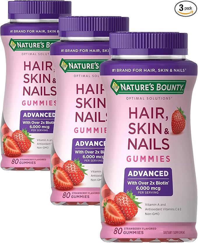 Nature's Bounty Optimal Solutions Advanced Hair Skin Nails 2X Biotin 80 Strawberry Gummies 40 Total Servings (Pack of 3)