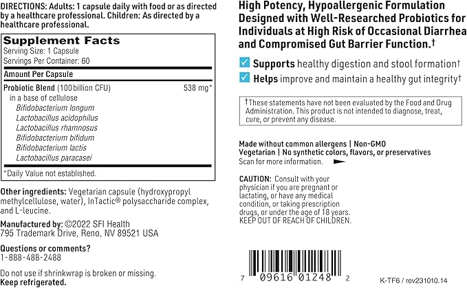 Klaire Labs SFI Health Ther-Biotic Factor 6 Probiotic - Ultra-Strength 100 Billion CFU Probiotics for Men &amp Women - Supports Immune Digestive &amp Colon Health - Hypoallergenic Dairy Free (60 C
