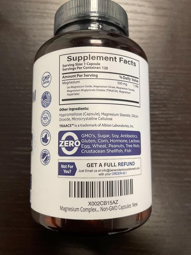 Magnesium Complex Supplement 4 Month Supply of 500mg 5-in-1 Bisglycinate Oxide Taurate Aspartate Citrate Max Absorption Magnesium Supplement for Calm Sleep &amp Leg Cramps 120 Capsule