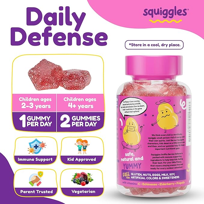 Squiggles Sniffle Berries Elderberry Gummies with Bee Propolis &amp Echinacea Kids Immune Booster Propolis Gummies for Health Toddler Vitamins for Immune Support Tasty Chewy Gummy (100 Count)