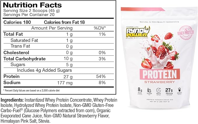 Ryno Power All Natural Whey Protein 2lb (20 Servings) 'Strawberry' - 100% Whey Protein Blend &amp No Fillers - Non GMO