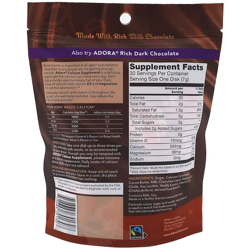Adora Calcium Supplement Fairtrade Milk Chocolate Pack of 12 - 30 ct