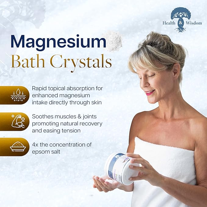 Health and Wisdom Magnesium Bath Crystals - Bath Salts with High Concentration &amp Enhanced Absorption for Muscle &amp Joint Relief - Dead Sea Sourced - Unscented - 1.75 lbs - Up to 14 Uses