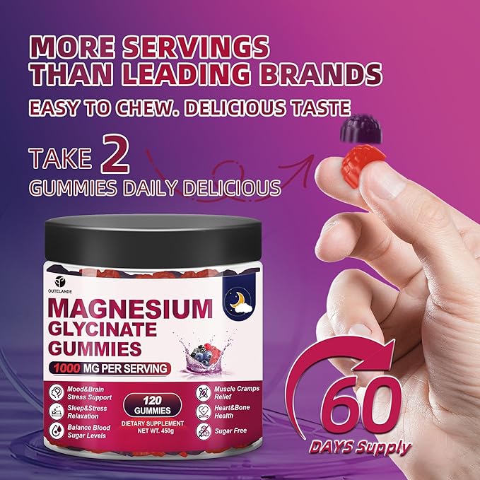 120 CT Magnesium Glycinate Gummies 1000 mg for Women and Men Magnesium Malate &amp Taurate Supplements for Sleep Body Support and Relaxation Sugar Free Vegan Raspberry BlackBerry Blueberry Flavo