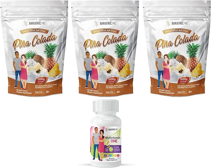 BariatricPal 90-Day Bariatric Vitamin Bundle (Multivitamin ONE 1 per Day! Iron-Free Capsule and Calcium Citrate Soft Chews 500mg with Probiotics - Piña Colada)